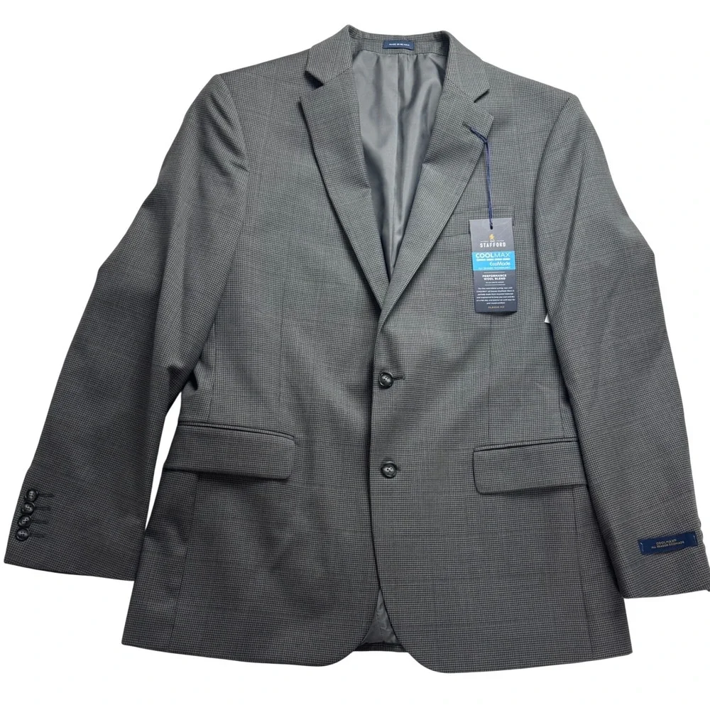 Stafford CoolMax EcoMade Suit Jacket 42R Gray Houndstooth Wool Blend Classic Fit